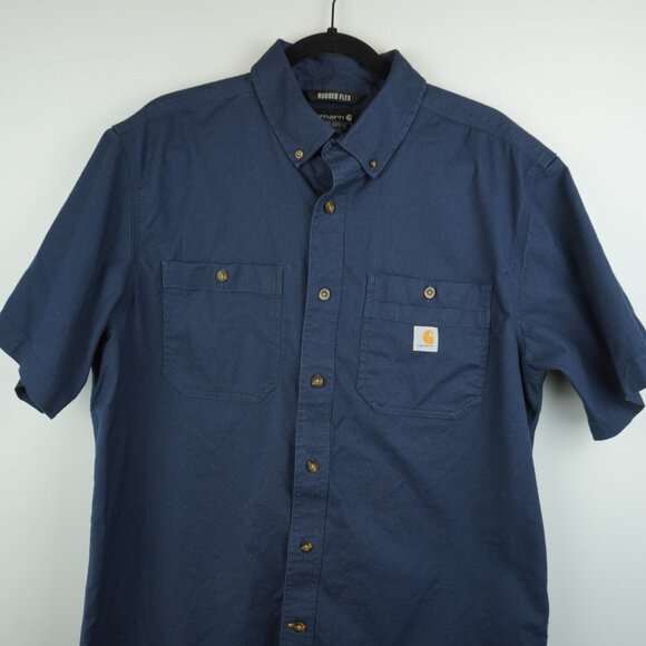 Carhartt Rugged Flex Ralaxed Fit Navy Blue Short Sleeve Button Up Shirt SZ Large - Picture 5 of 7